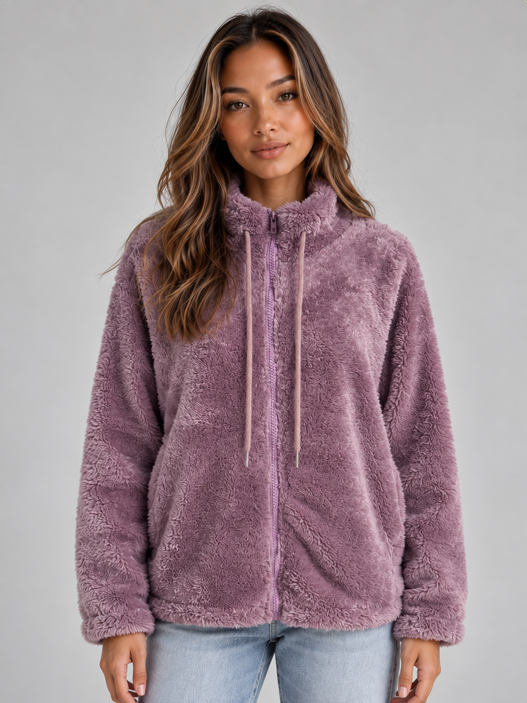Women's Teddy Fleece Jacket - Full Zip High Neck Plush Coat