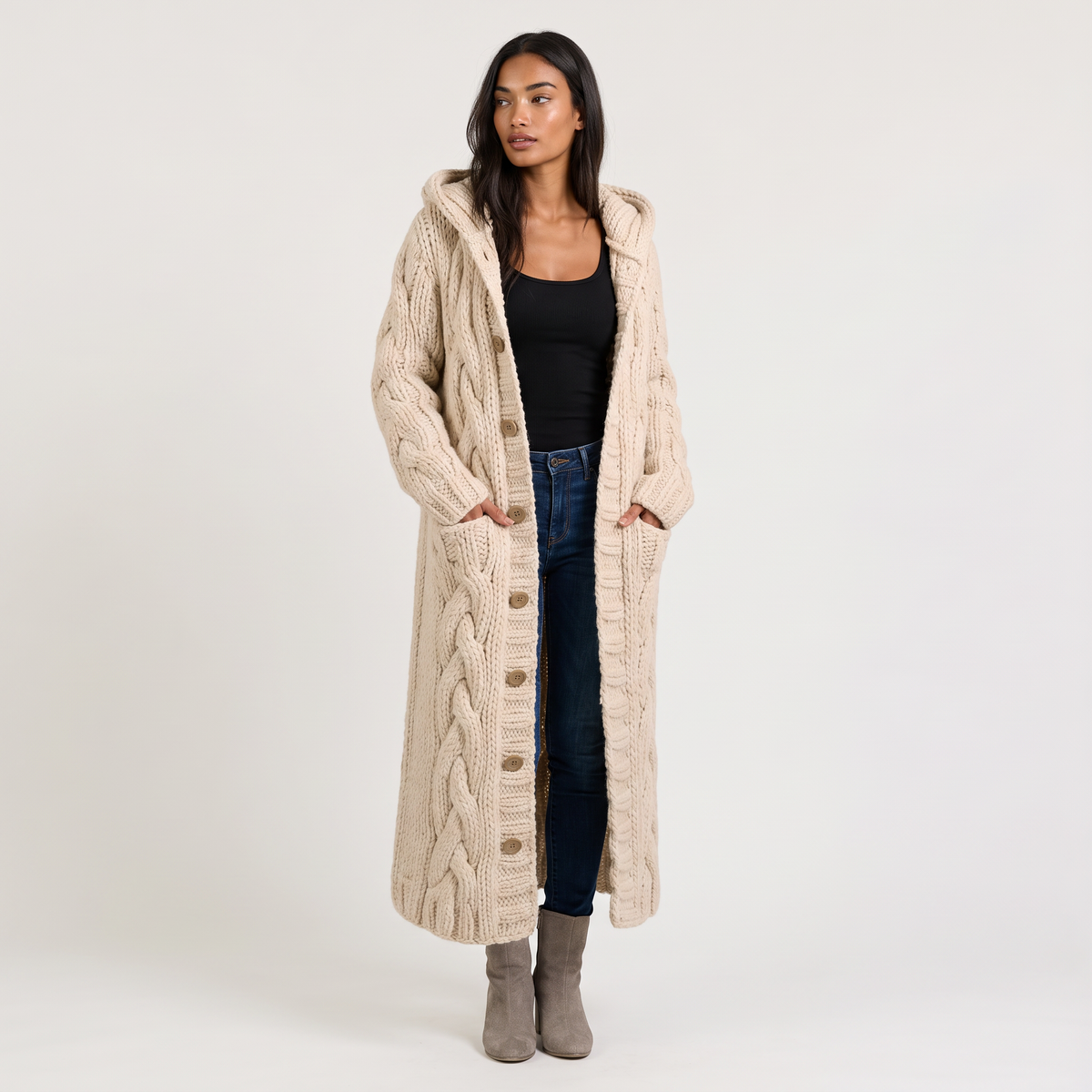 Women's Long Cable-Knit Hooded Cardigan