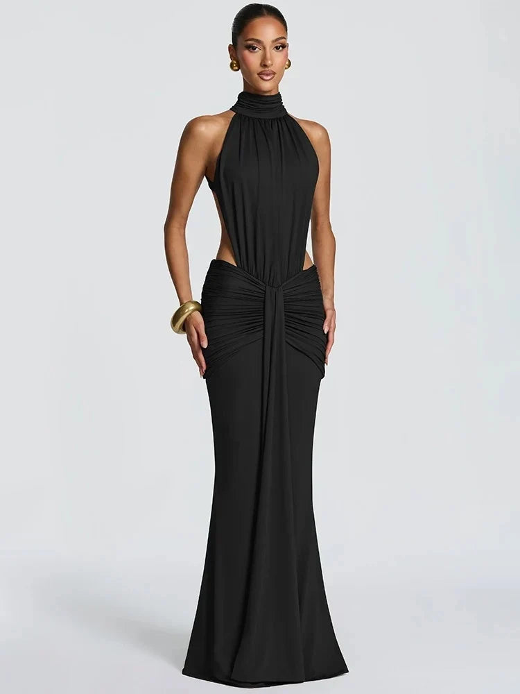 Halter Neck Ruched Mermaid Maxi Dress – Open Back Evening Gown