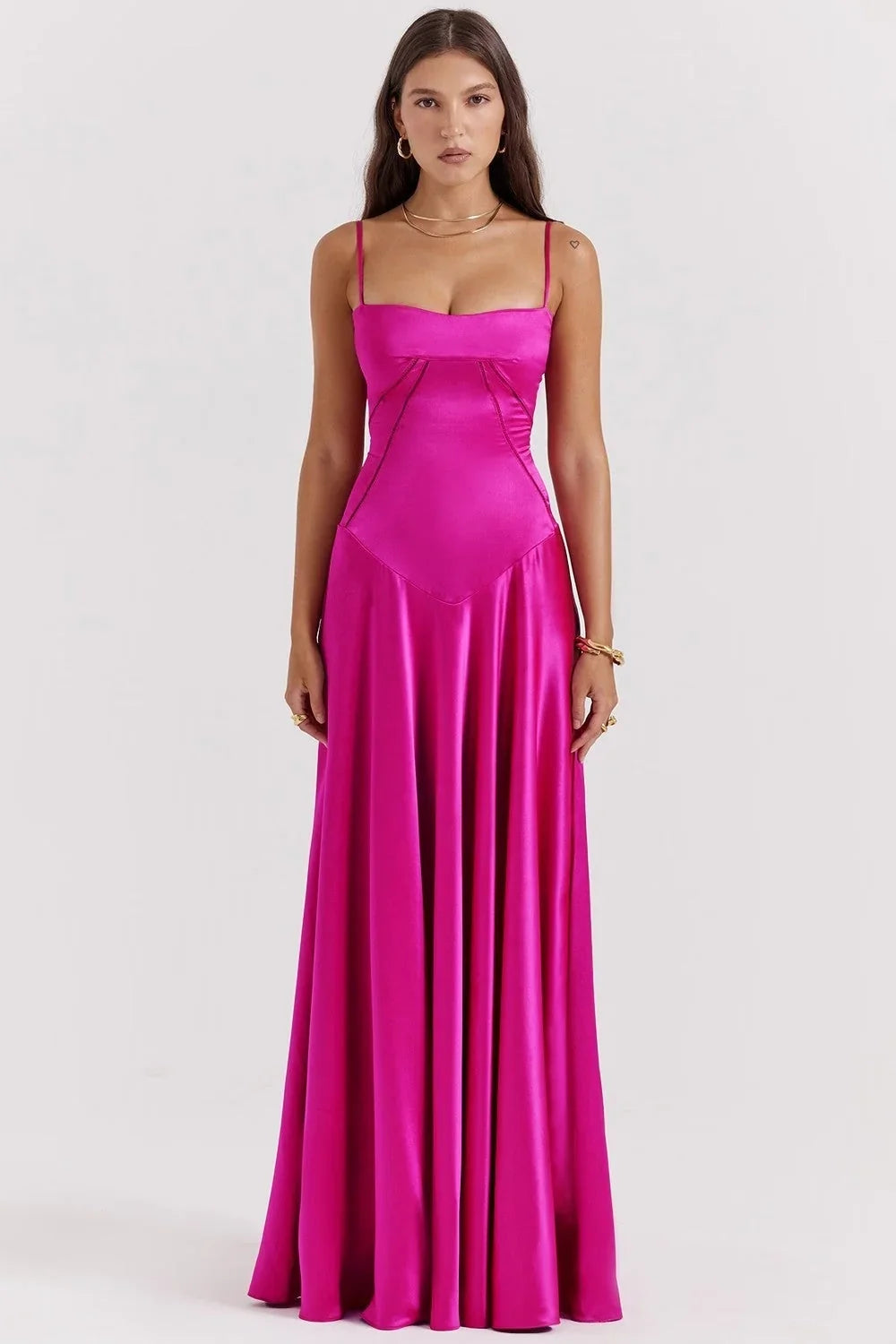 Satin Square Neck Maxi Dress – Spaghetti Strap Evening Gown