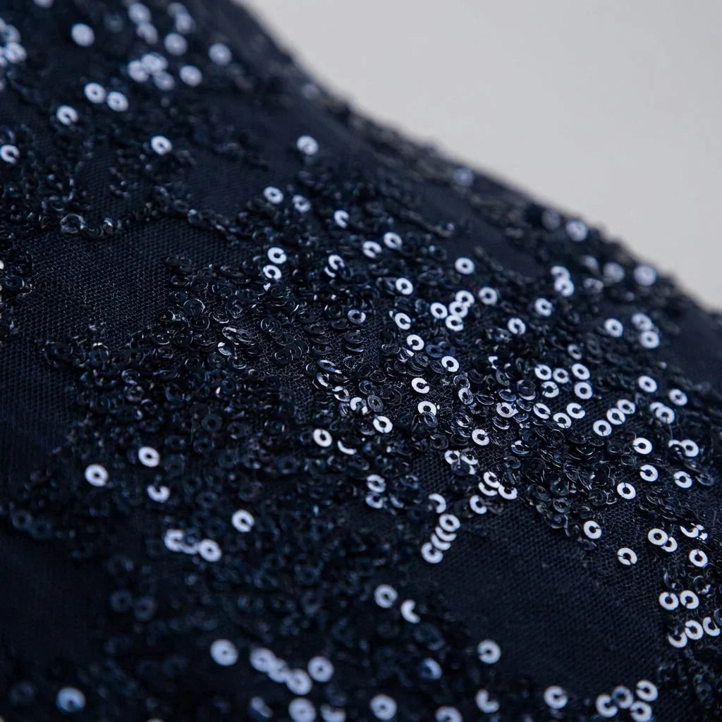 Navy Sequin Maxi Dress – Deep V-Neck Open Back Evening Gown