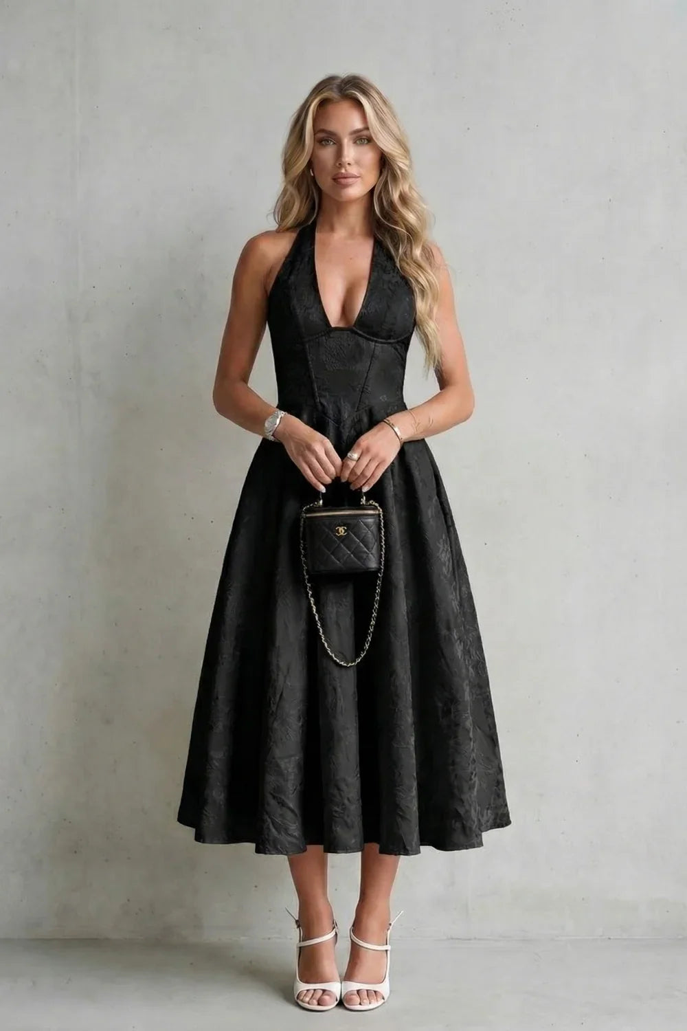 Floral Jacquard Halter Neck Midi Dress – Lace-Up Back Wedding Guest Dress