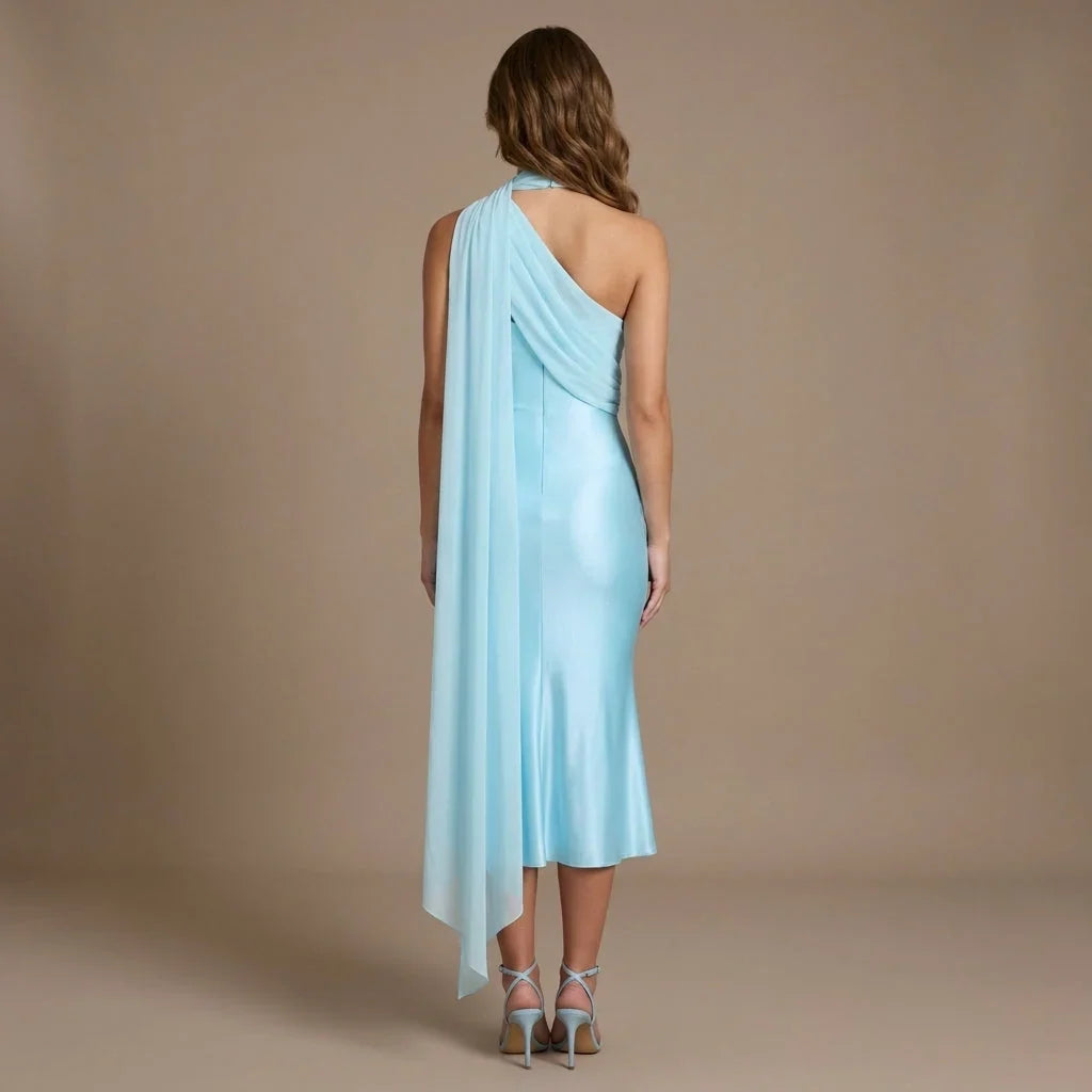 One Shoulder Mermaid Midi Dress with Chiffon Cape Drape