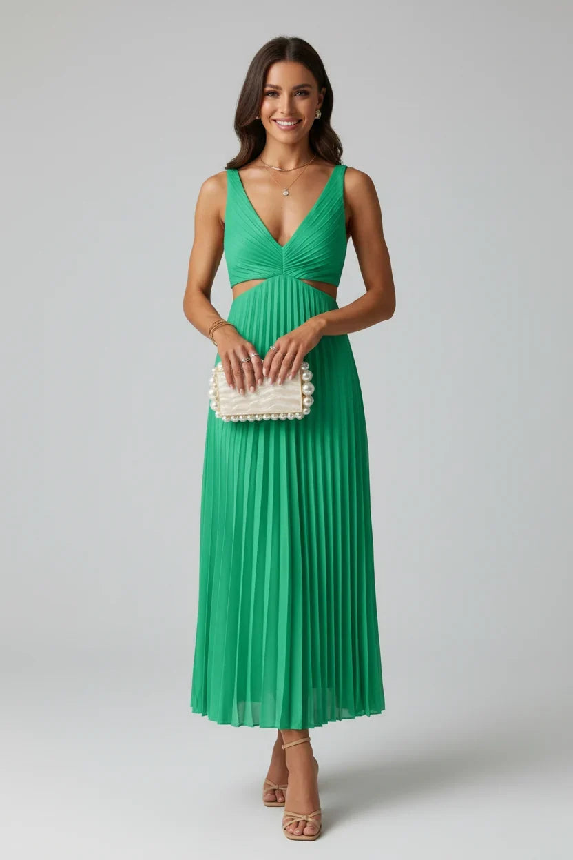 Plunge V-Neck Pleated Midi Dress with Cutout Waist – Wedding Guest