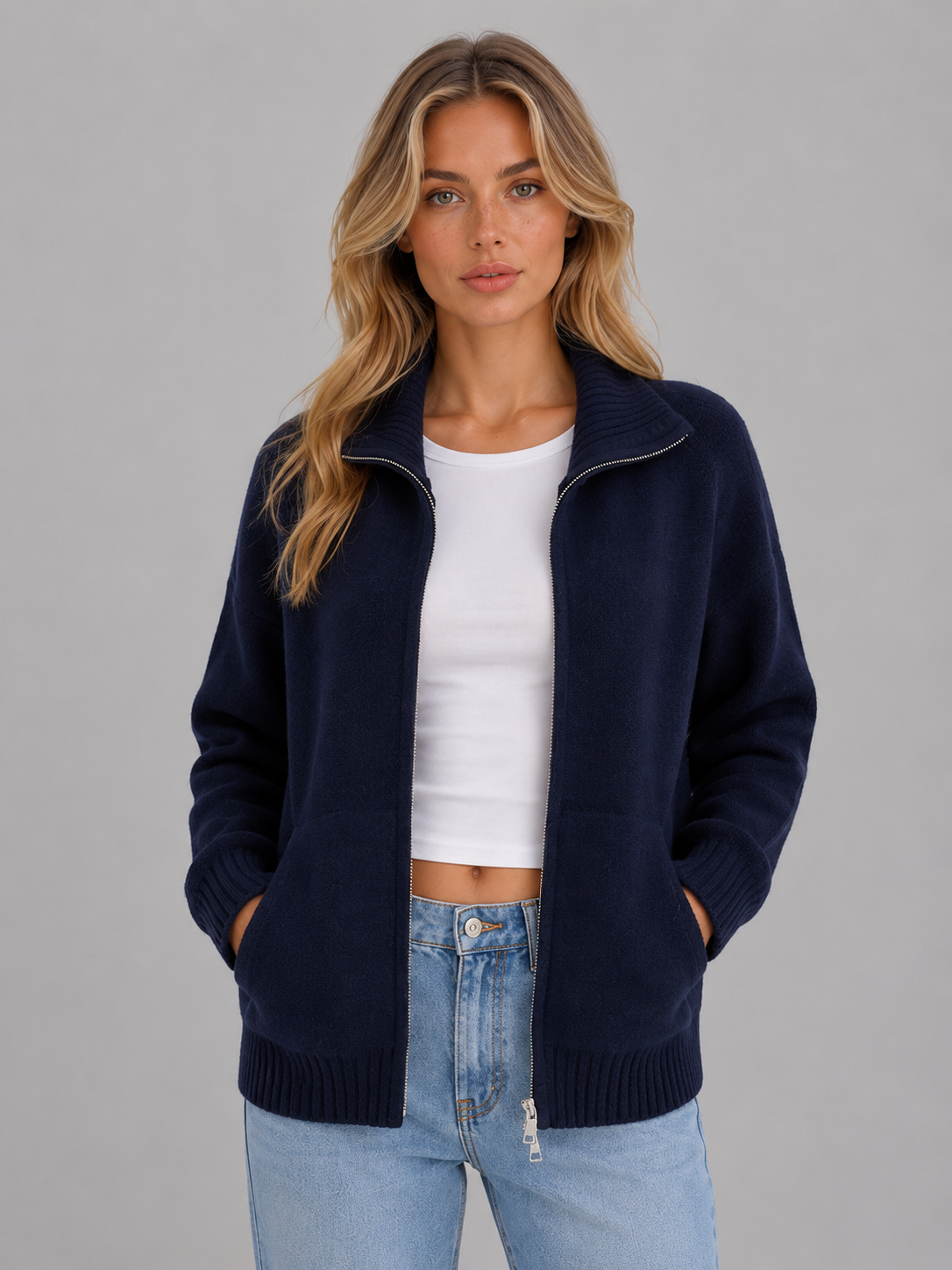 Women's Zip Up Knitted Cardigan – Soft Funnel Neck Knit Jacket
