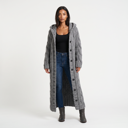 Women's Long Cable-Knit Hooded Cardigan