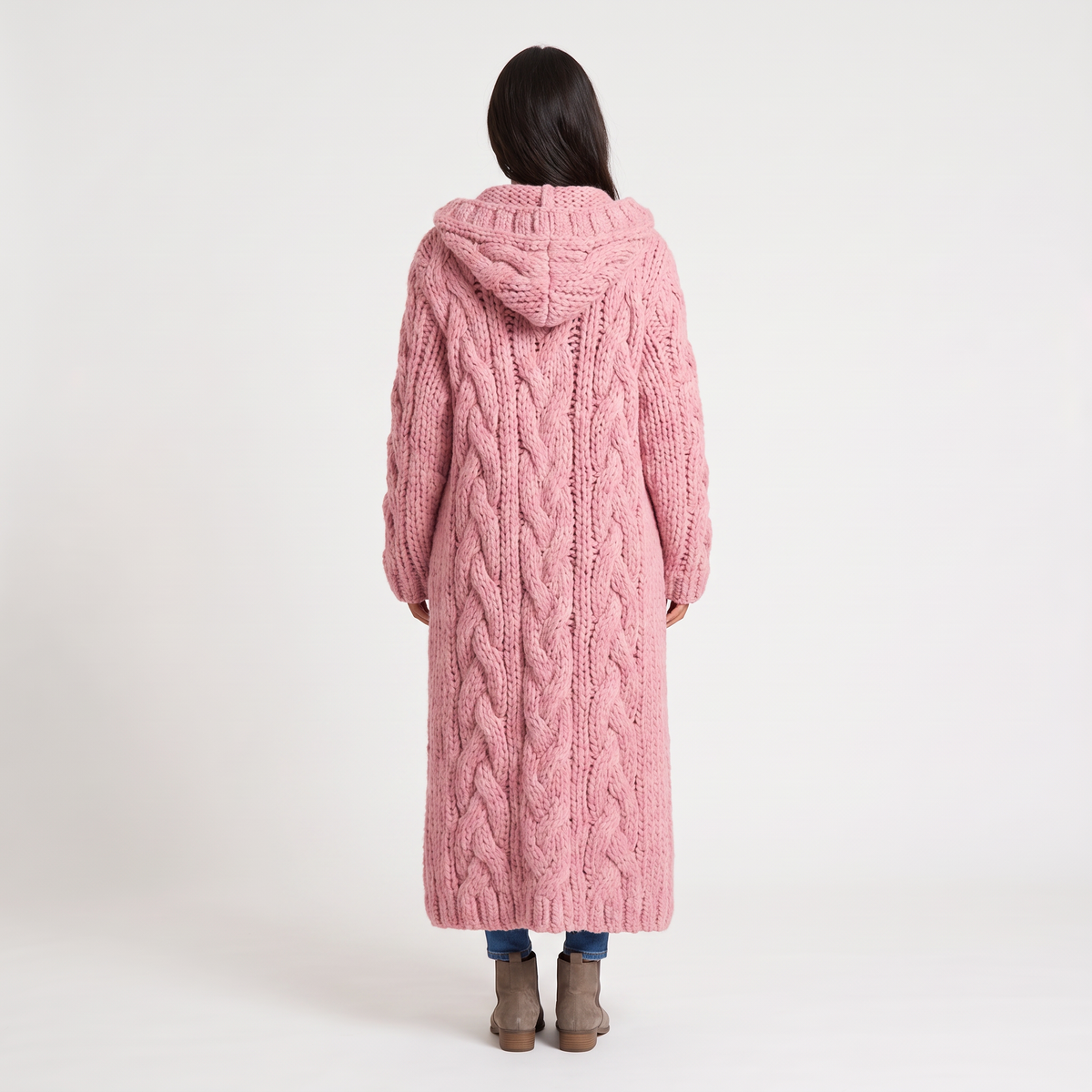 Women's Long Cable-Knit Hooded Cardigan