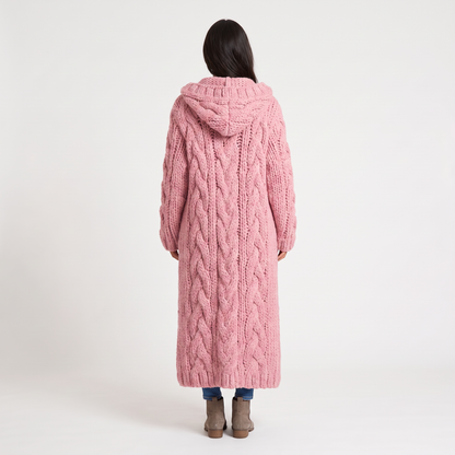 Women's Long Cable-Knit Hooded Cardigan