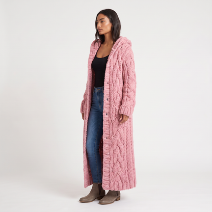 Women's Long Cable-Knit Hooded Cardigan