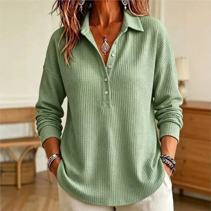 Relaxed Waffle Knit Long Sleeve Polo Top with Collar