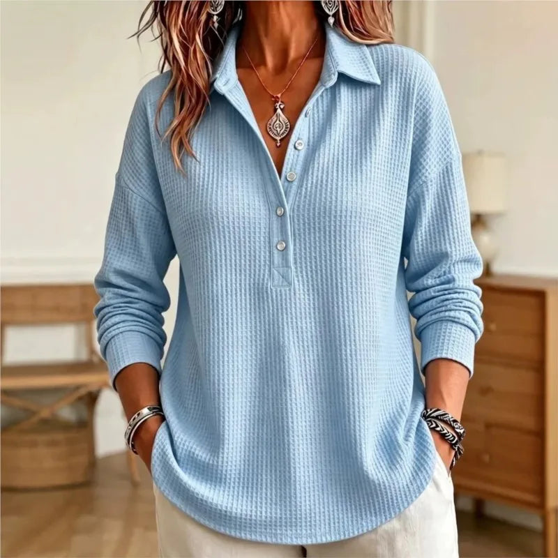 Relaxed Waffle Knit Long Sleeve Polo Top with Collar