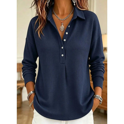 Relaxed Waffle Knit Long Sleeve Polo Top with Collar