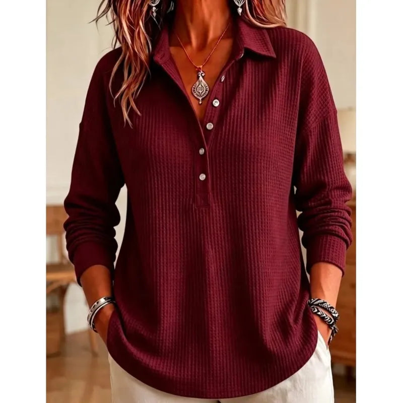 Relaxed Waffle Knit Long Sleeve Polo Top with Collar