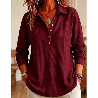 Relaxed Waffle Knit Long Sleeve Polo Top with Collar