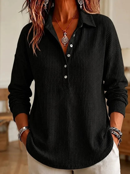 Relaxed Waffle Knit Long Sleeve Polo Top with Collar