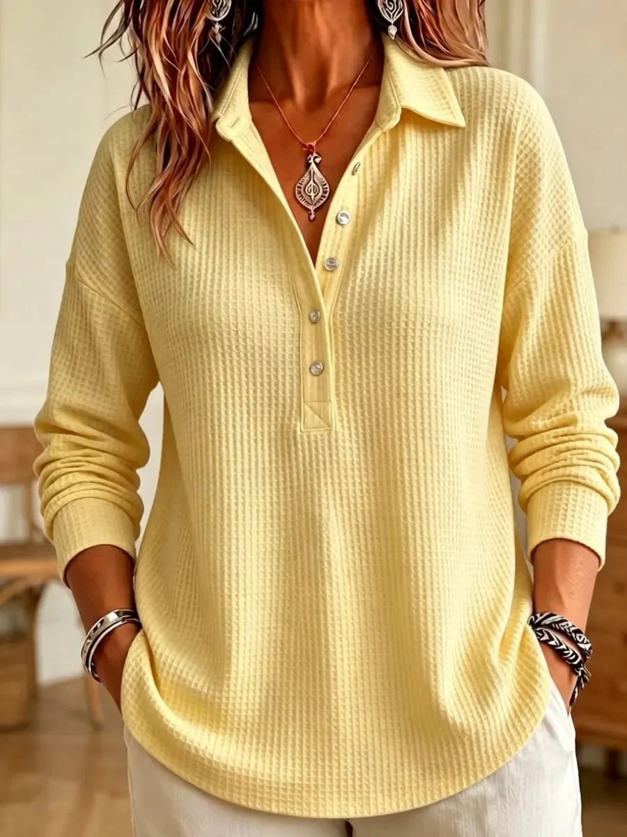 Relaxed Waffle Knit Long Sleeve Polo Top with Collar