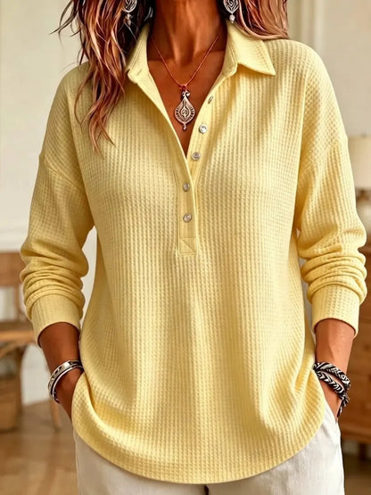 Relaxed Waffle Knit Long Sleeve Polo Top with Collar