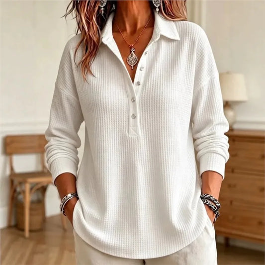 Relaxed Waffle Knit Long Sleeve Polo Top with Collar