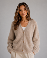 Women's Fluffy Knit Cardigan – Button Front V-Neck Jumper