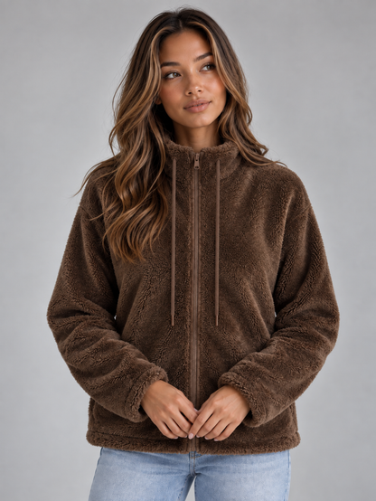 Women's Teddy Fleece Jacket - Full Zip High Neck Plush Coat