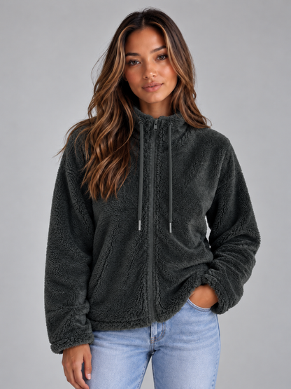Women's Teddy Fleece Jacket - Full Zip High Neck Plush Coat