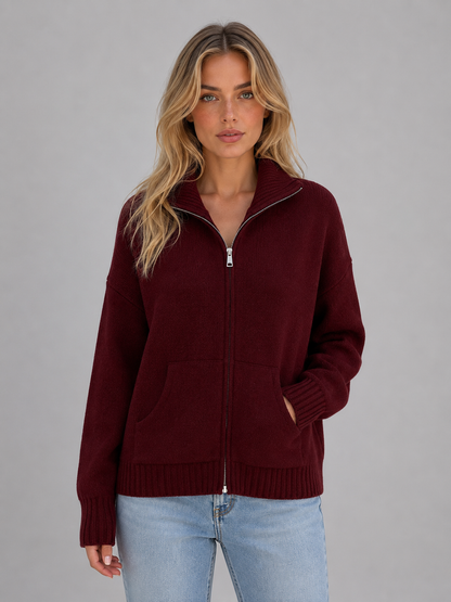 Women's Zip Up Knitted Cardigan – Soft Funnel Neck Knit Jacket