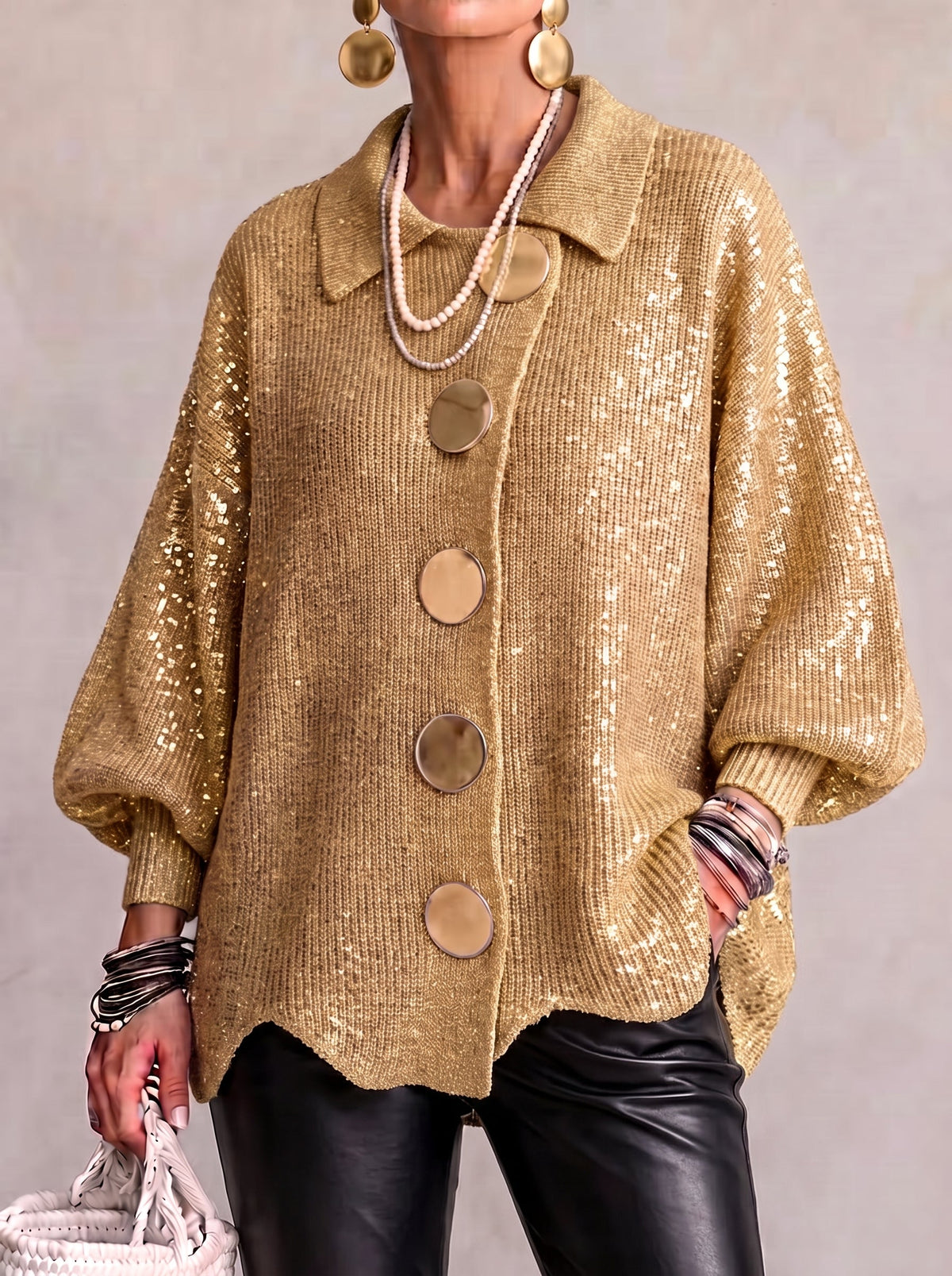 Women's Oversized Collared Cardigan – Gold Button Chunky Knit