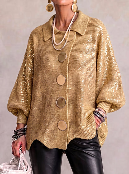 Women's Oversized Collared Cardigan – Gold Button Chunky Knit