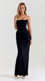 Strapless Ruched Column Maxi Dress – Sculpted Bodice Evening Gown