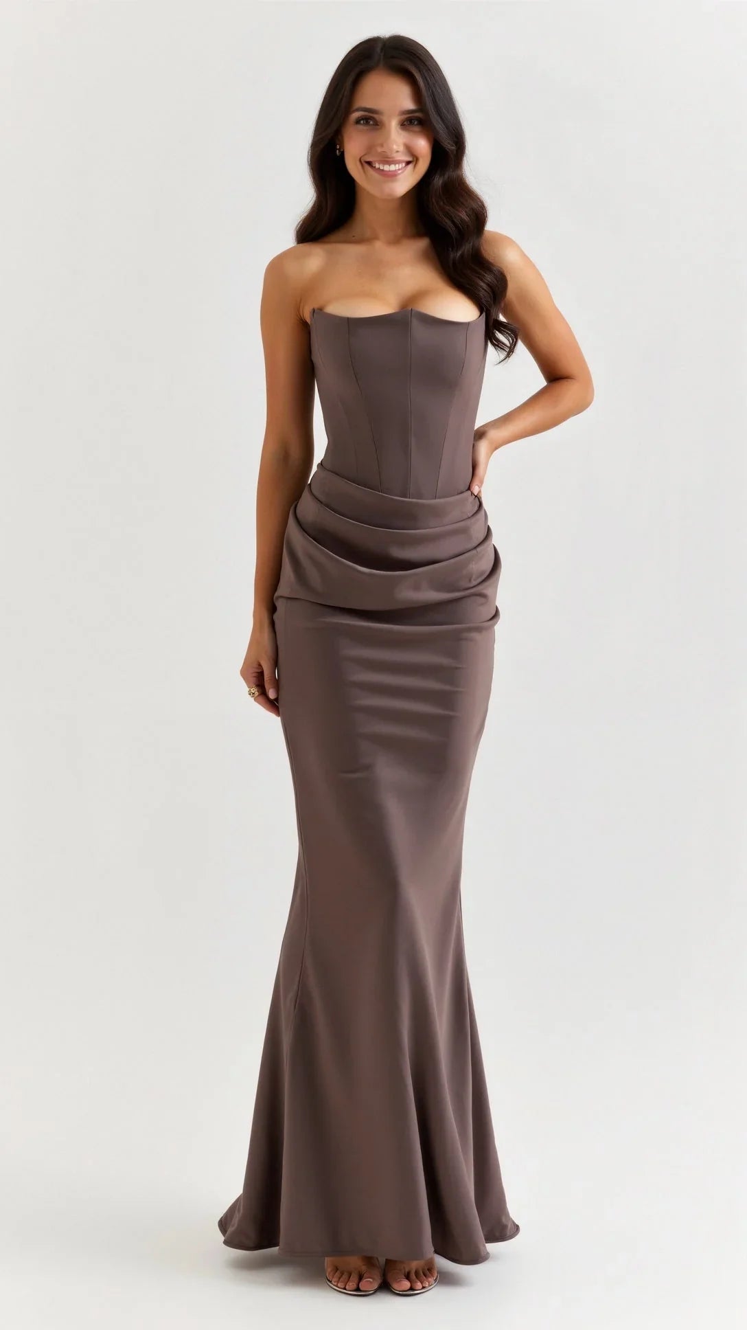 Strapless Ruched Column Maxi Dress – Sculpted Bodice Evening Gown