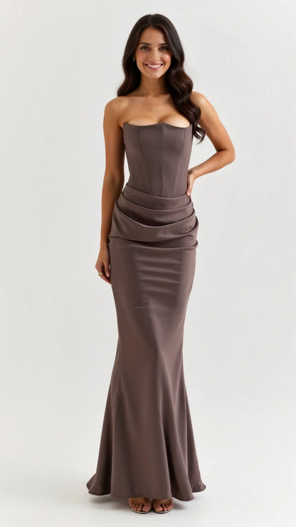 Strapless Ruched Column Maxi Dress – Sculpted Bodice Evening Gown