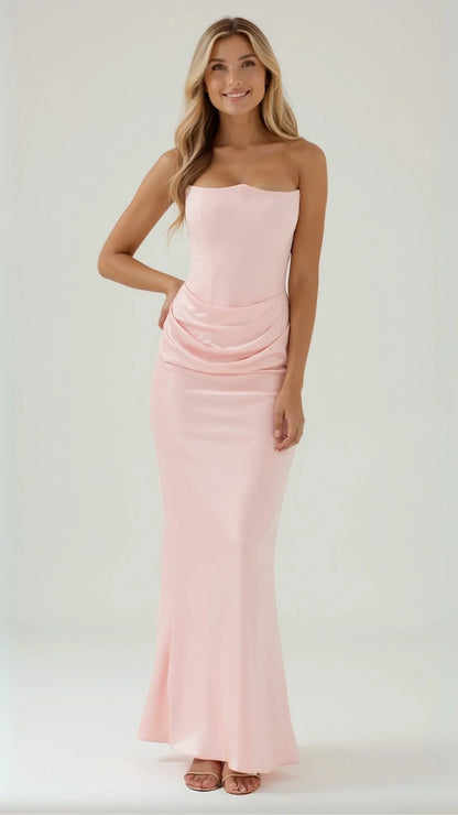 Strapless Ruched Column Maxi Dress – Sculpted Bodice Evening Gown