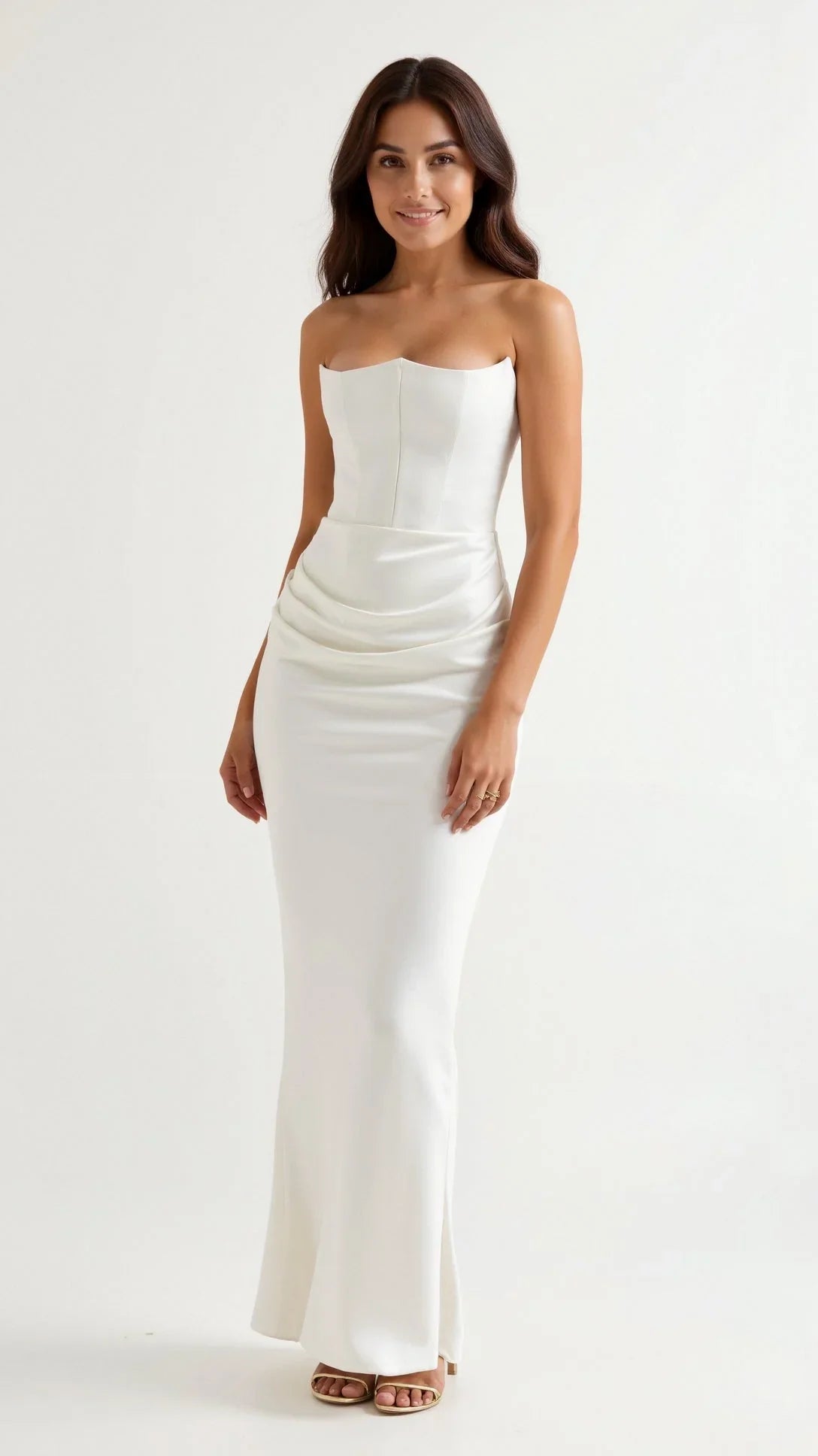 Strapless Ruched Column Maxi Dress – Sculpted Bodice Evening Gown