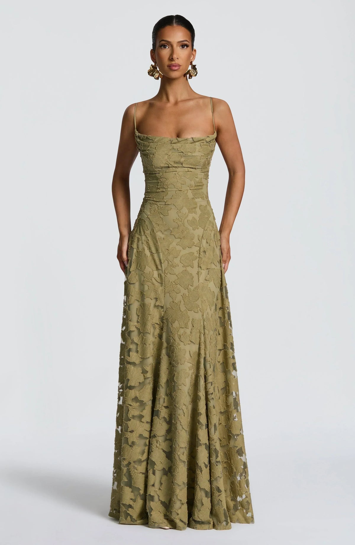 Elegant Cowl Neck Textured Floral Maxi Dress – Bridesmaid & Evening Gown