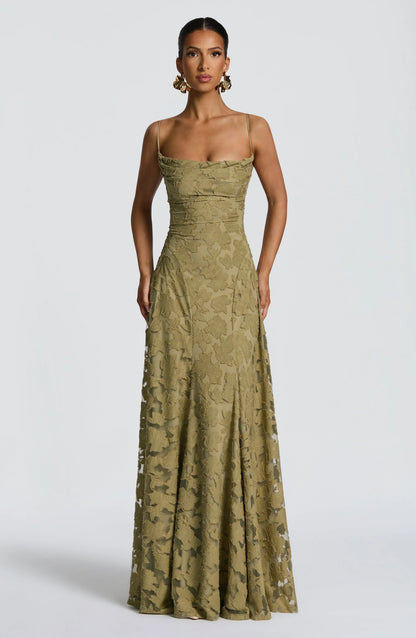 Elegant Cowl Neck Textured Floral Maxi Dress – Bridesmaid & Evening Gown