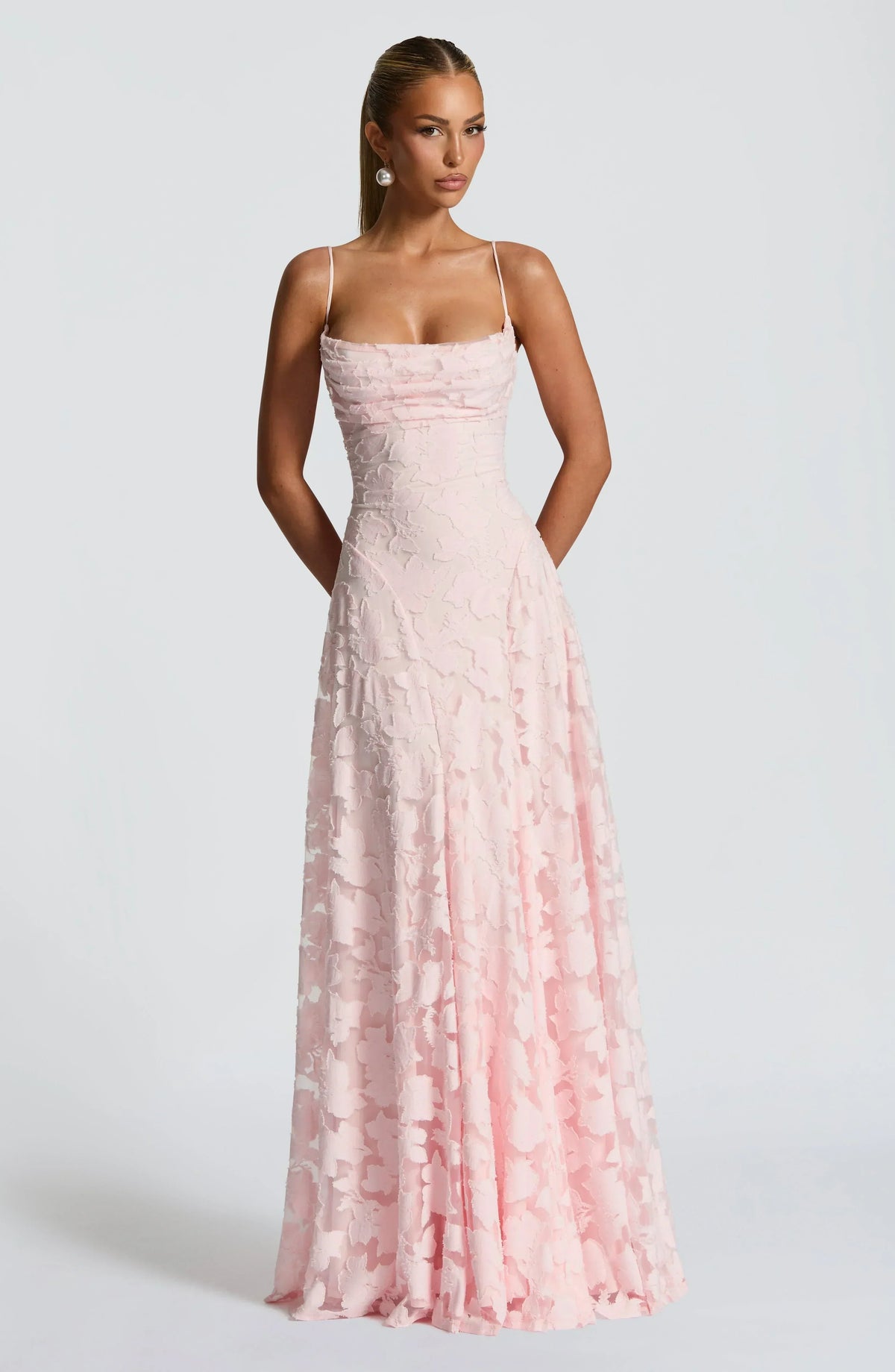Elegant Cowl Neck Textured Floral Maxi Dress – Bridesmaid & Evening Gown