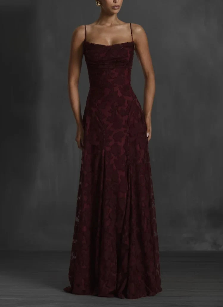 Elegant Cowl Neck Textured Floral Maxi Dress – Bridesmaid & Evening Gown