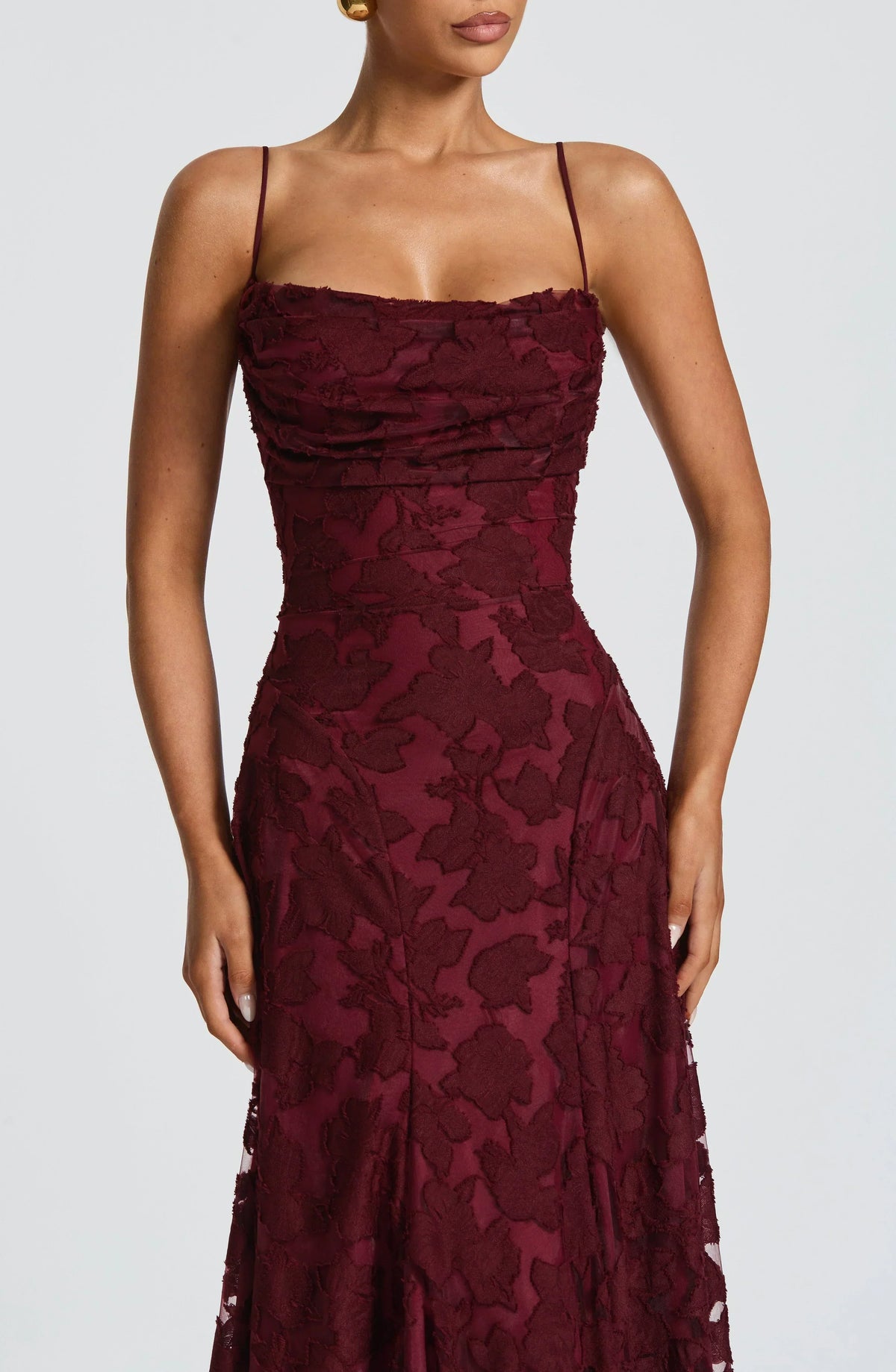 Elegant Cowl Neck Textured Floral Maxi Dress – Bridesmaid & Evening Gown
