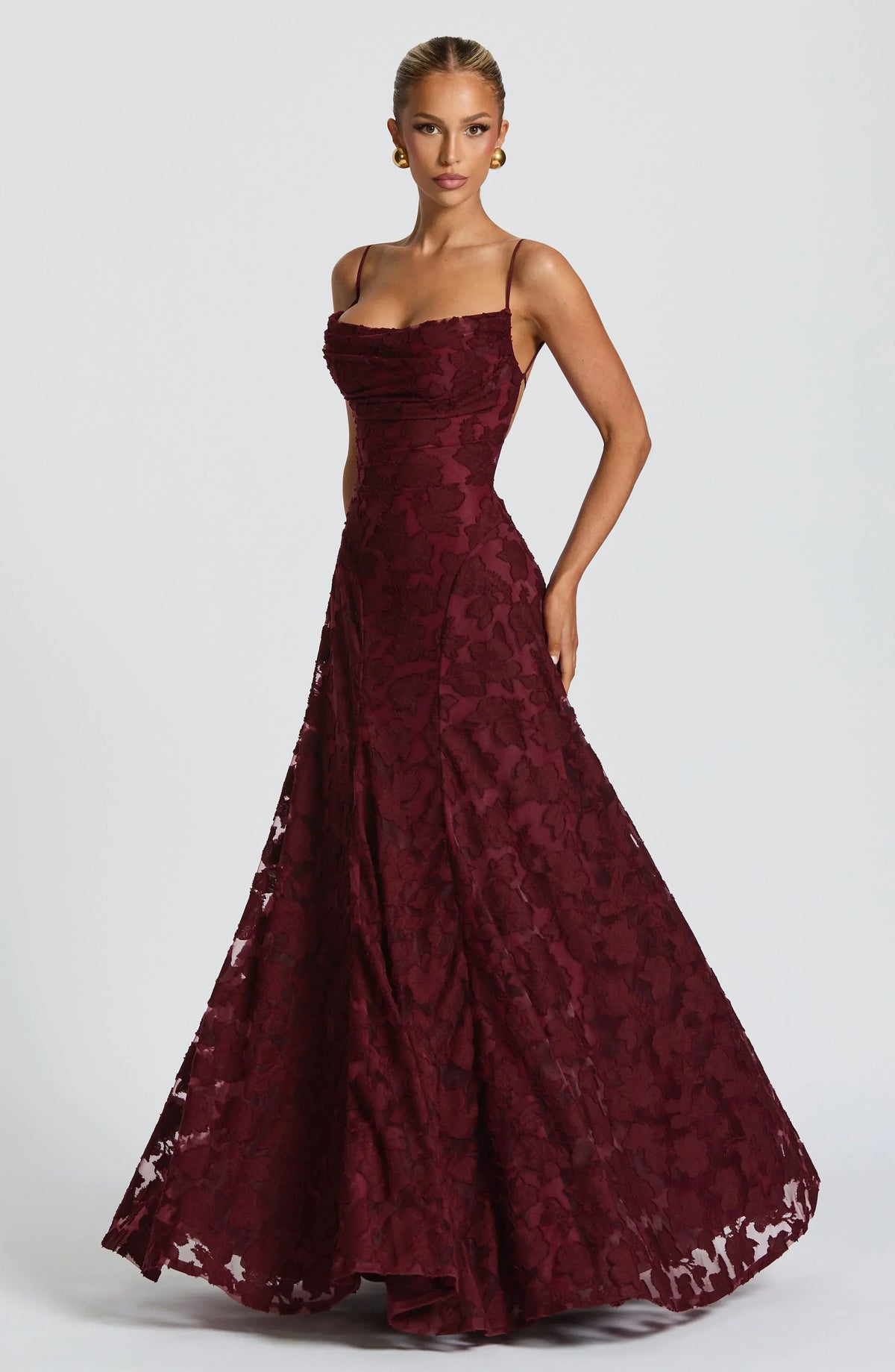 Elegant Cowl Neck Textured Floral Maxi Dress – Bridesmaid & Evening Gown