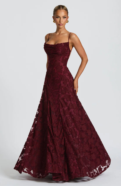 Elegant Cowl Neck Textured Floral Maxi Dress – Bridesmaid & Evening Gown