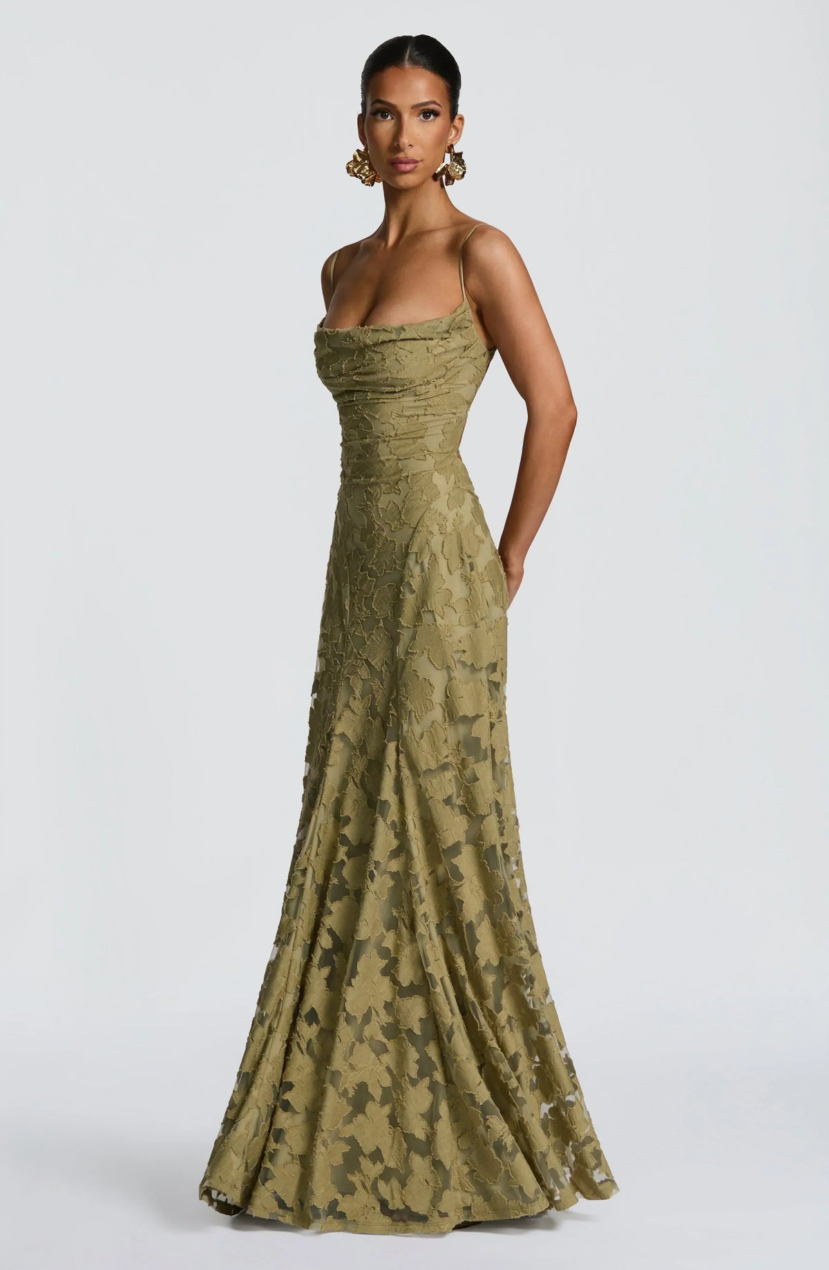 Elegant Cowl Neck Textured Floral Maxi Dress – Bridesmaid & Evening Gown