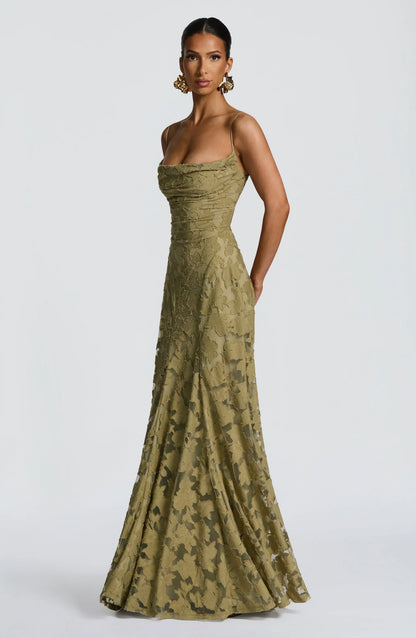 Elegant Cowl Neck Textured Floral Maxi Dress – Bridesmaid & Evening Gown