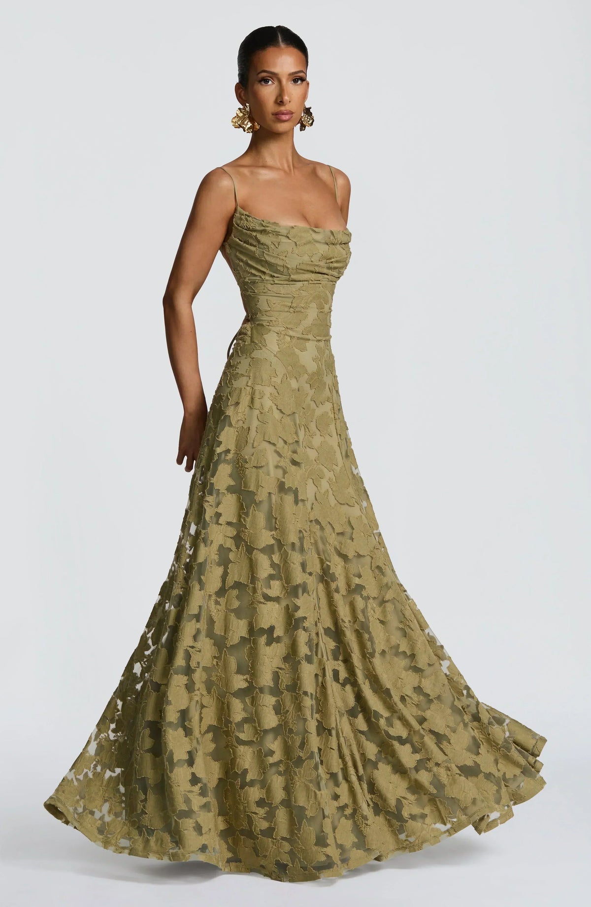Elegant Cowl Neck Textured Floral Maxi Dress – Bridesmaid & Evening Gown