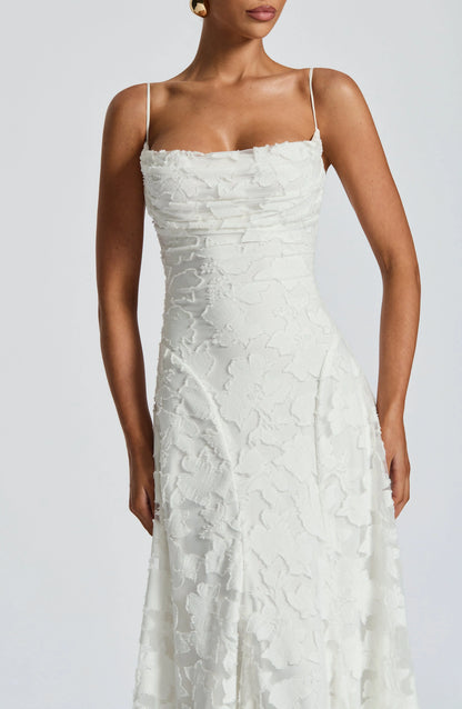 Elegant Cowl Neck Textured Floral Maxi Dress – Bridesmaid & Evening Gown