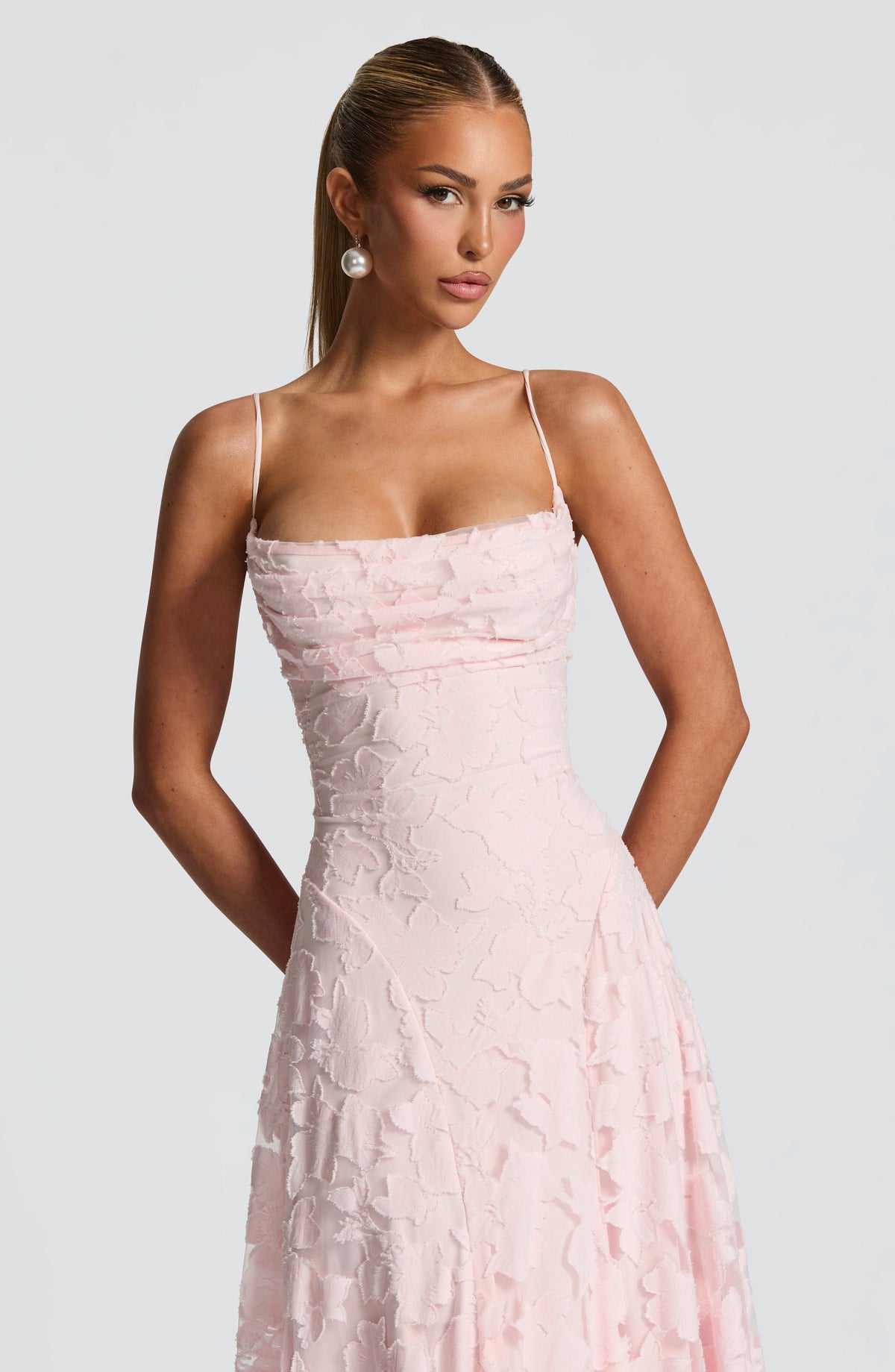 Elegant Cowl Neck Textured Floral Maxi Dress – Bridesmaid & Evening Gown
