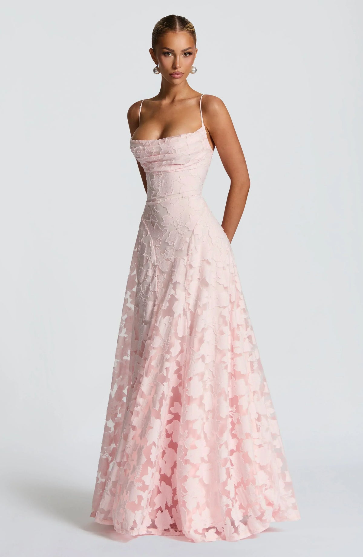 Elegant Cowl Neck Textured Floral Maxi Dress – Bridesmaid & Evening Gown