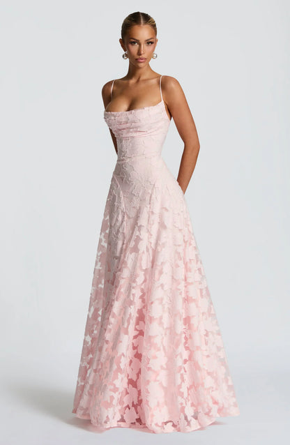 Elegant Cowl Neck Textured Floral Maxi Dress – Bridesmaid & Evening Gown