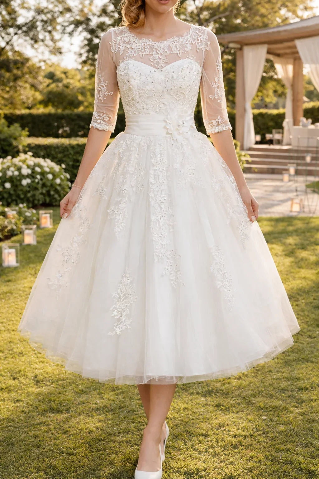 Women's Wedding Dress | Midi Lace Overlay A-Line