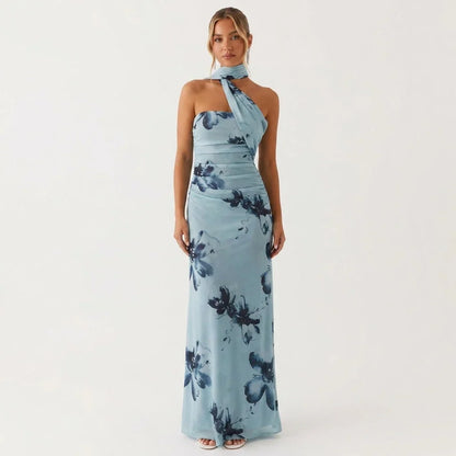Blue Floral Asymmetric Maxi Dress with Scarf Neck – Wedding Guest