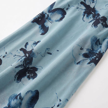 Blue Floral Asymmetric Maxi Dress with Scarf Neck – Wedding Guest